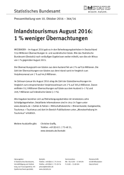 Inlandstourismus August 2016: 1 % weniger &Uuml;bernachtungen (PDF