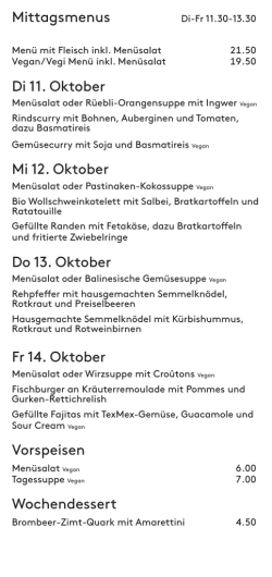 Mittagsmenus Di 11. Oktober Mi 12. Oktober Do 13