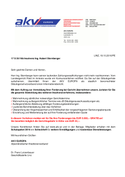 LINZ, 19.10.2016/PE 17 S 35/16b Insolvenz Ing. Hubert Sternberger