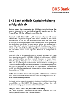 BKS Bank schließt Kapitalerhöhung erfolgreich ab