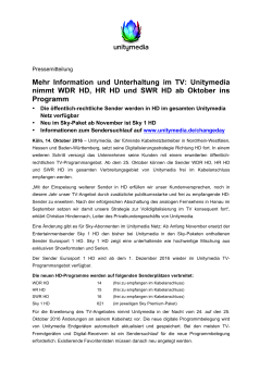 Information und Unterhaltung im TV: Unitymedia nimmt WDR HD