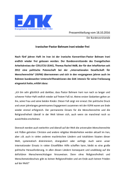 Iranischer Pastor Behnam Irani wieder frei Pressemitteilung vom
