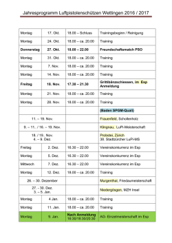 Jahresprogramm Luftpistolensch&uuml;tzen Wettingen 2016 / 2017