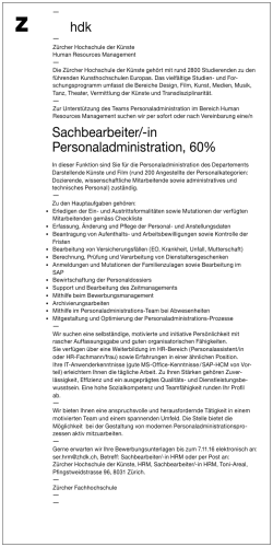 in Personaladministration, 60% - Zürcher Hochschule der Künste