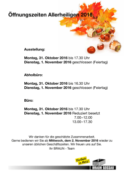Öffnungszeiten Allerheiligen 2016