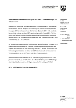 IT.NRW NRW-Industrie: Produktion im August 2016 um 4,5 Prozent