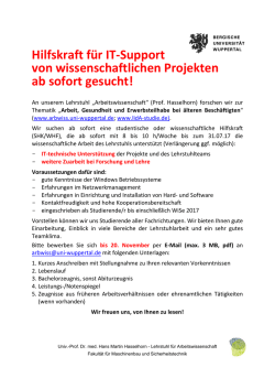 Hilfskraft f&uuml;r IT-Support von wissenschaftlichen Projekten ab sofort