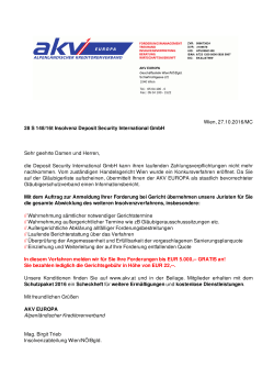 Wien, 27.10.2016/MC 28 S 148/16t Insolvenz Deposit Security