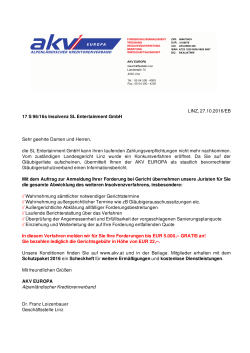 LINZ, 27.10.2016/EB 17 S 96/16s Insolvenz SL Entertainment GmbH