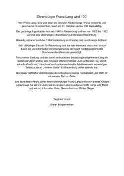 Ehrenb&uuml;rger Franz Lang wird 100!