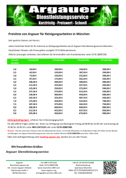 Preisliste von Argauer für Reinigungsarbeiten in München