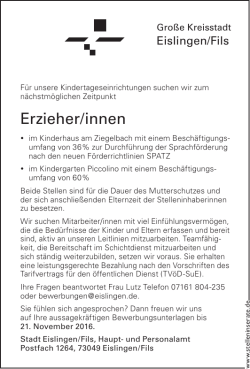 Erzieher/innen - Stadt Eislingen/Fils