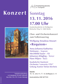 Sonntag 13. 11. 2016 17.00 Uhr Konzert Krankenhauskirche im