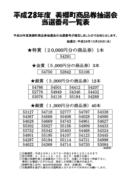 平成28年度 美郷町商品券抽選会 当選番号一覧表