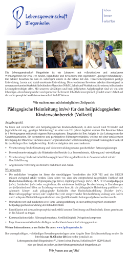 Pädagogische Heimleitung (m/w) - Lebensgemeinschaft Bingenheim