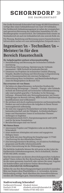 Ingenieur/in - Techniker/in &ndash; Meister/in f&uuml;r den Bereich Haustechnik