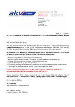 Wien, 04.11.2016/MC 49 S 37/16m Insolvenz Verlassenschaft nach