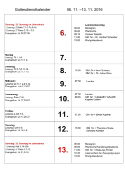 Gottesdienstkalender 30. 10. &ndash; 06. 11. 2016