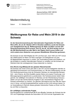 Medienmitteilung Weltkongress für Rebe und Wein 2019 in der