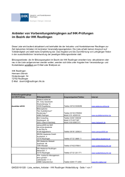 Liste weitere Anbieter von Vorbereitungslehrgängen zu einer IHK