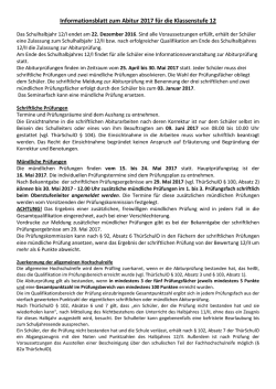 Informationsblatt zum Abitur 2017 f&uuml;r die Klassenstufe 12