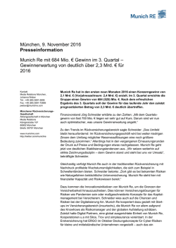 München, 9. November 2016 Presseinformation Munich Re mit 684