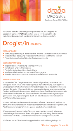 Drogist/in 80-100% - dr. b&auml;hler dropa ag