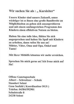 Die Albert-Schweitzer-Schule Standort Selent sucht Kursleiter für die