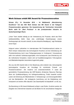 Werk Schaan erhält MX Award für Prozessinnovation