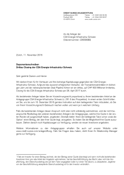 An die Anleger der CSA Energie-Infrastruktur Schweiz