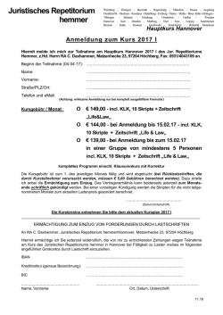 Hauptkurs Hannover Anmeldung zum Kurs 2017 I