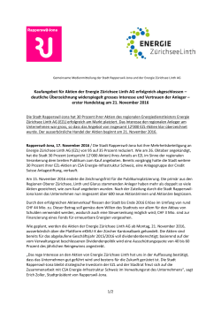 Kaufangebot für Aktien der Energie Zürichsee Linth AG erfolgreich