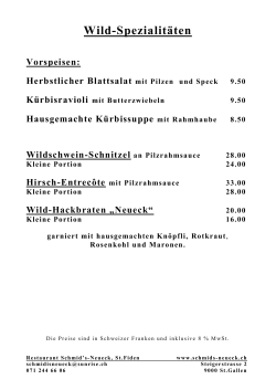 Wild-Spezialitäten - Restaurant Schmids Neueck, St. Fiden
