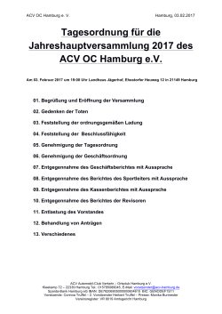Tagesordnung für die Jahreshauptversammlung 2017 des ACV OC