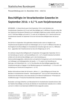 Beschäftigte im Verarbeitenden Gewerbe im September 2016: + 0,7
