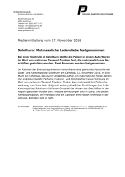 Medienmitteilung vom 17. November 2016 Solothurn: Mutmassliche
