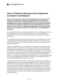 Heinz B. Rothacher übernimmt die Complementa Investment