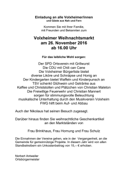 Volxheimer Weihnachtsmarkt am 26. November 2016 ab 16.00 Uhr