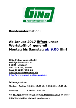 Ab Januar 2017 öffnet unser Wertstoffhof generell Montag bis