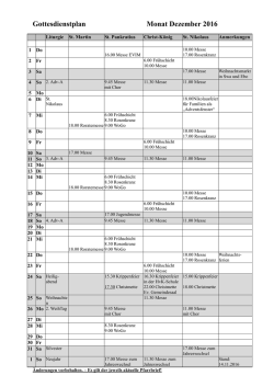 Gottesdienstplan Monat Dezember 2016