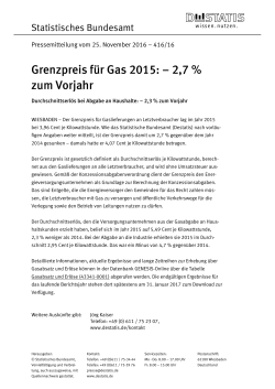 Grenzpreis für Gas 2015: – 2,7 % zum Vorjahr