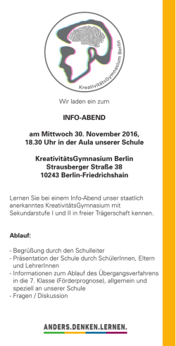 INFO-ABEND am Mittwoch 30. November 2016, 18.30 Uhr in der
