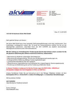 Graz, 01.12.2016/DI 18 S 46/16i Insolvenz Gr&uuml;ne Welt GmbH Sehr
