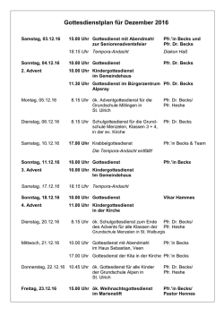 Gottesdienstplan für Dezember 2016