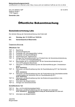 Tagesordnung Sitzung Gemeindevertretung Lübs 13.12.16