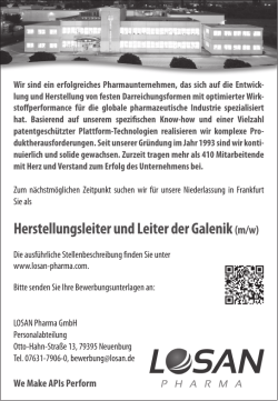 Herstellungsleiter und Leiter der Galenik (m/w)