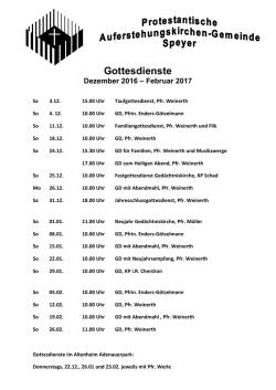 Gottesdienstplan Dezember 2016 &ndash; Februar 2017: bitte hier klicken!