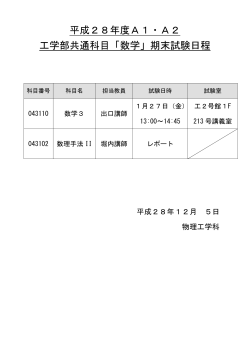 平成28年度A1・A2 工学部共通科目「数学」期末試験日程