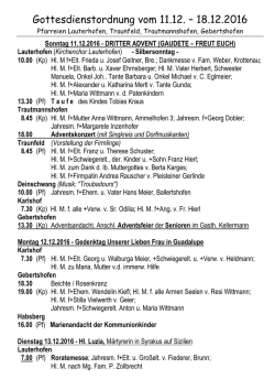 Gottesdienstordnung vom 11. bis 18. Dezember 2016