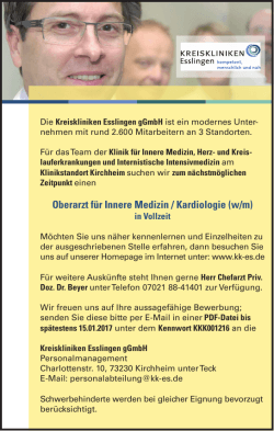 Oberarzt für Innere Medizin / Kardiologie (w/m)